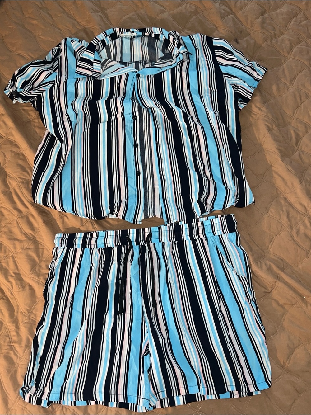 Striped Button-Up Short Set in Blue, Black & White